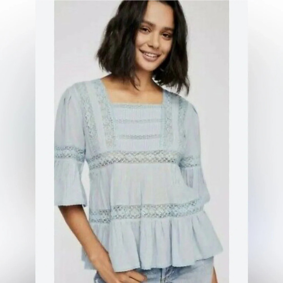 Free People Golden Hour Tie Back Flowy Blouse Blue Size Small - Picture 2 of 10